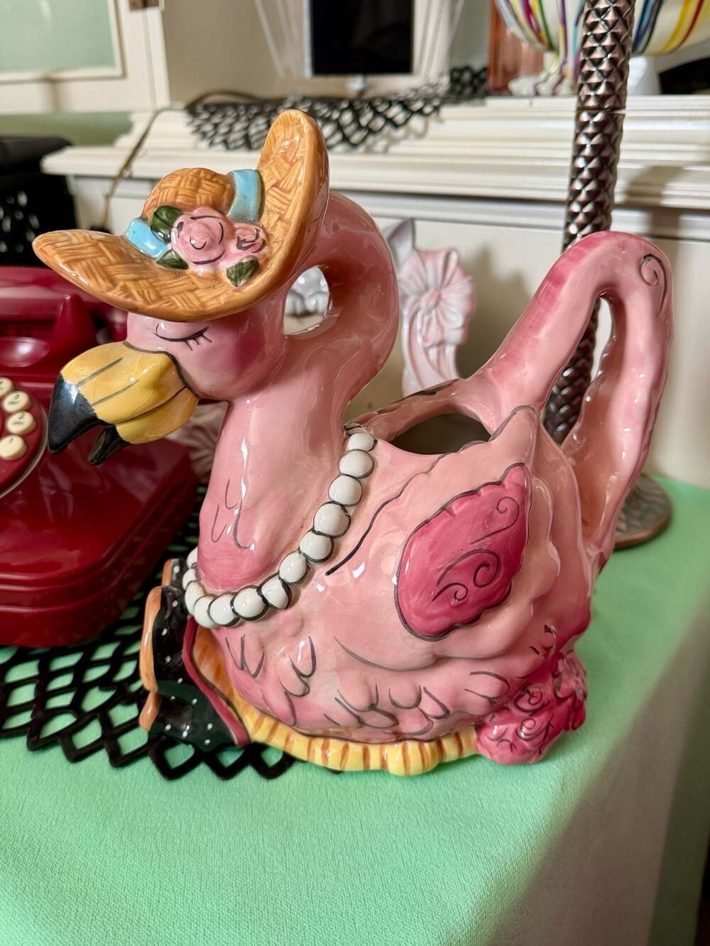 Blue Sky Clayworks Miss Precious Flamingo Ceramic Teapot by Heather Goldminc